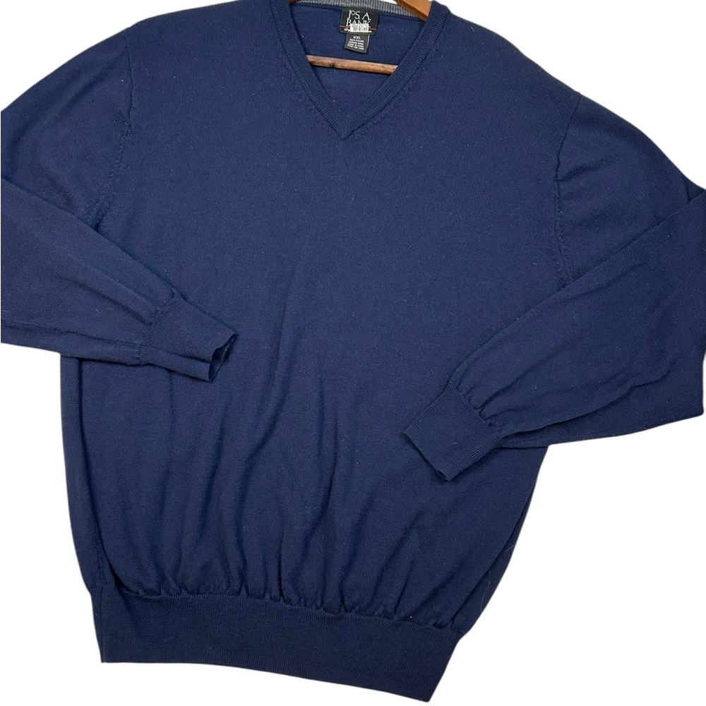 Jos A Bank V Neck 100% Italian Merino Wool Sweater 2XL Navy Classic XXL Preppy
